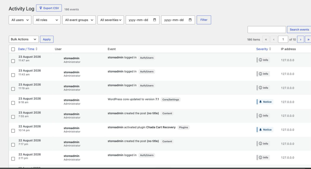 The Activity Log with its filter bar, event list, severity badges, user and role column and IP column.