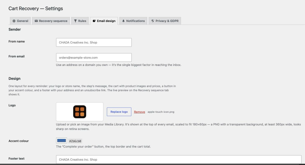 The Email design tab with sender fields, a logo picker showing the current logo, an accent colour swatch and the footer text field.