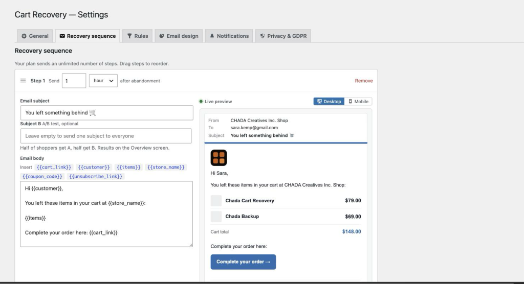The Recovery sequence tab: a step with its delay, subject and body on the left, and a live email preview on the right.