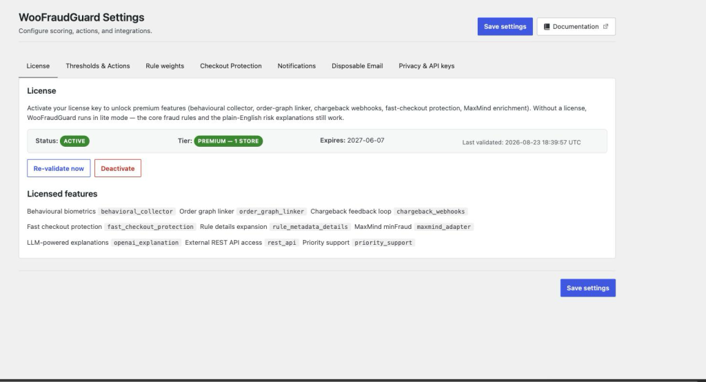 The License tab showing an active licence with its status, tier and expiry, above the list of licensed features.