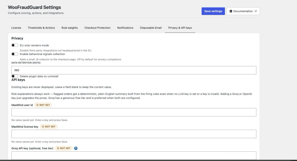 The Privacy and API keys tab with the EU-only vendors toggle, behavioural collection toggle, retention field and the third-party key fields.