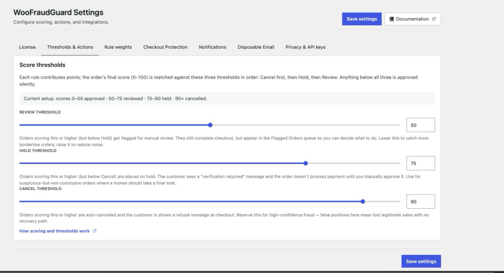 The Thresholds and Actions tab with review, hold and cancel sliders, each explained underneath, and a summary line of the current ladder.